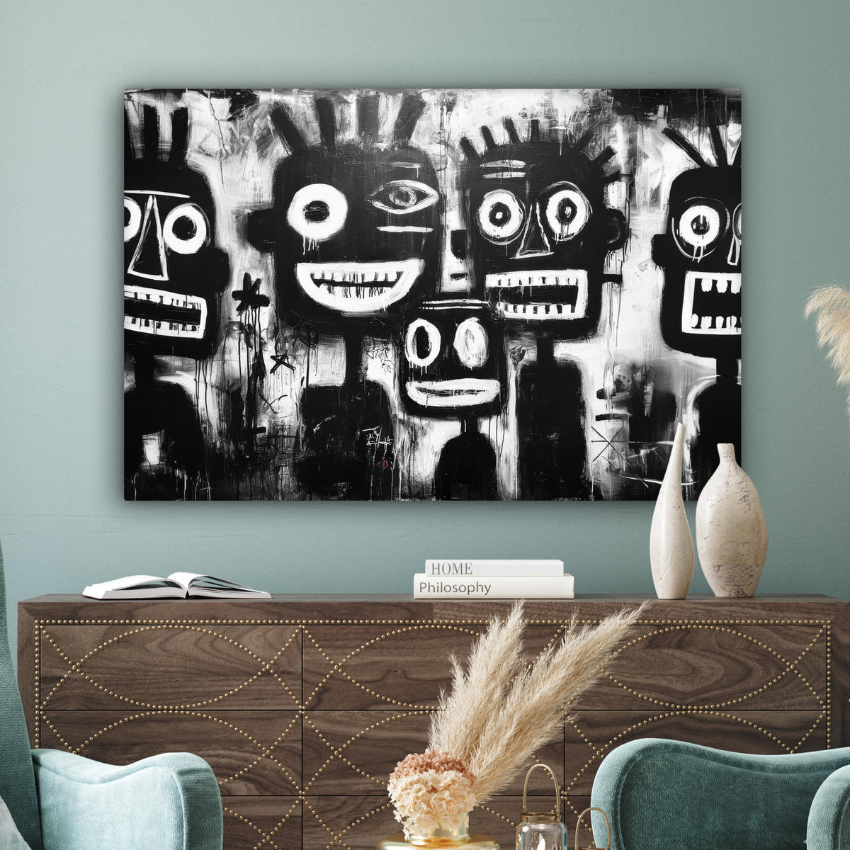 LEINWANDBILD Malerei - Figuren - Schwarz - Abstrakt XXL 150x100 cm - Schwarz, Textil (150/100cm) - MuchoWow