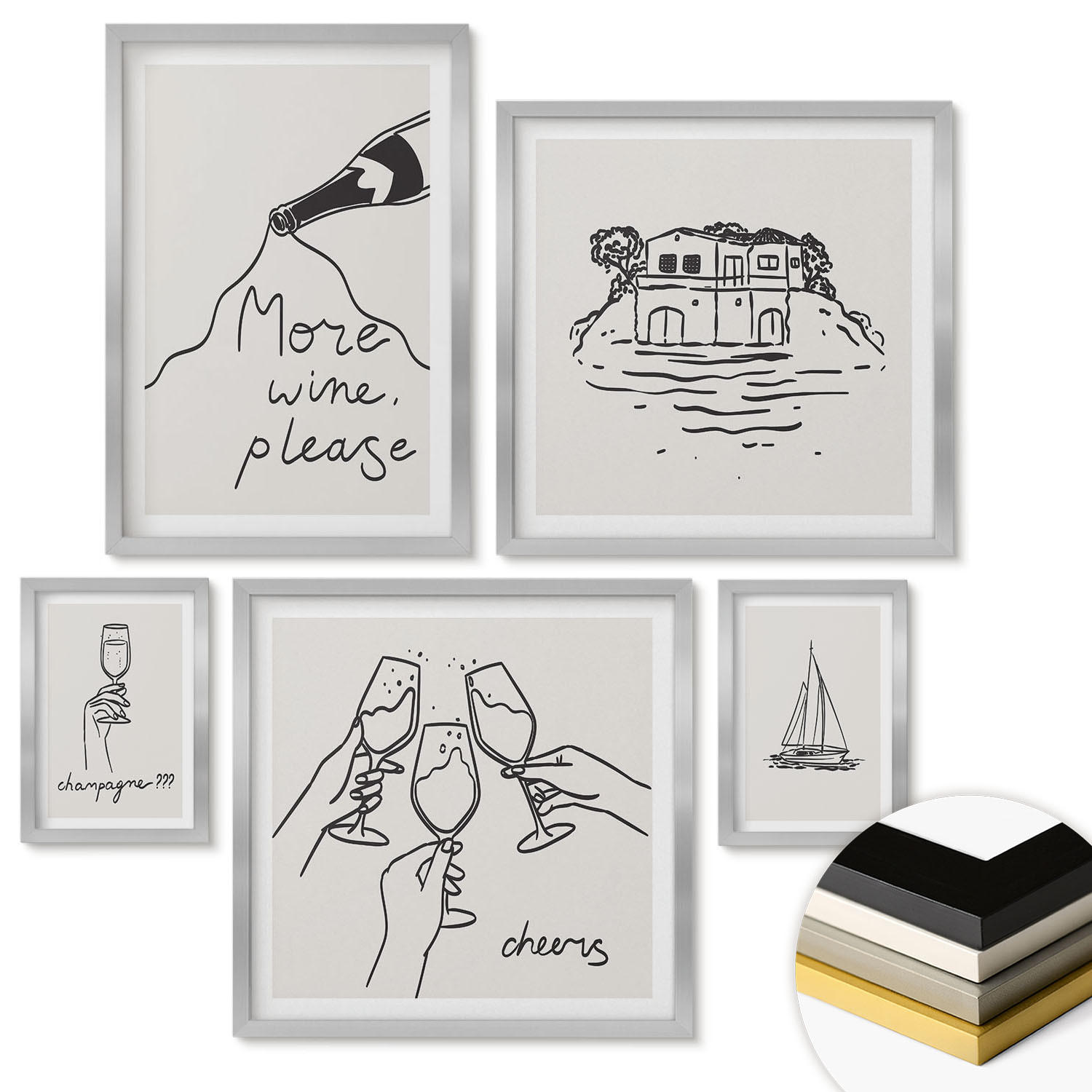 WANDBILDER 5er Set - 50x50 cm & 20x30 cm & 40x60 cm Silberner Rahmen - Minimalistische Boho-Muster - Silberfarben, Kunststoff (40/60cm) - ArtPrintCave