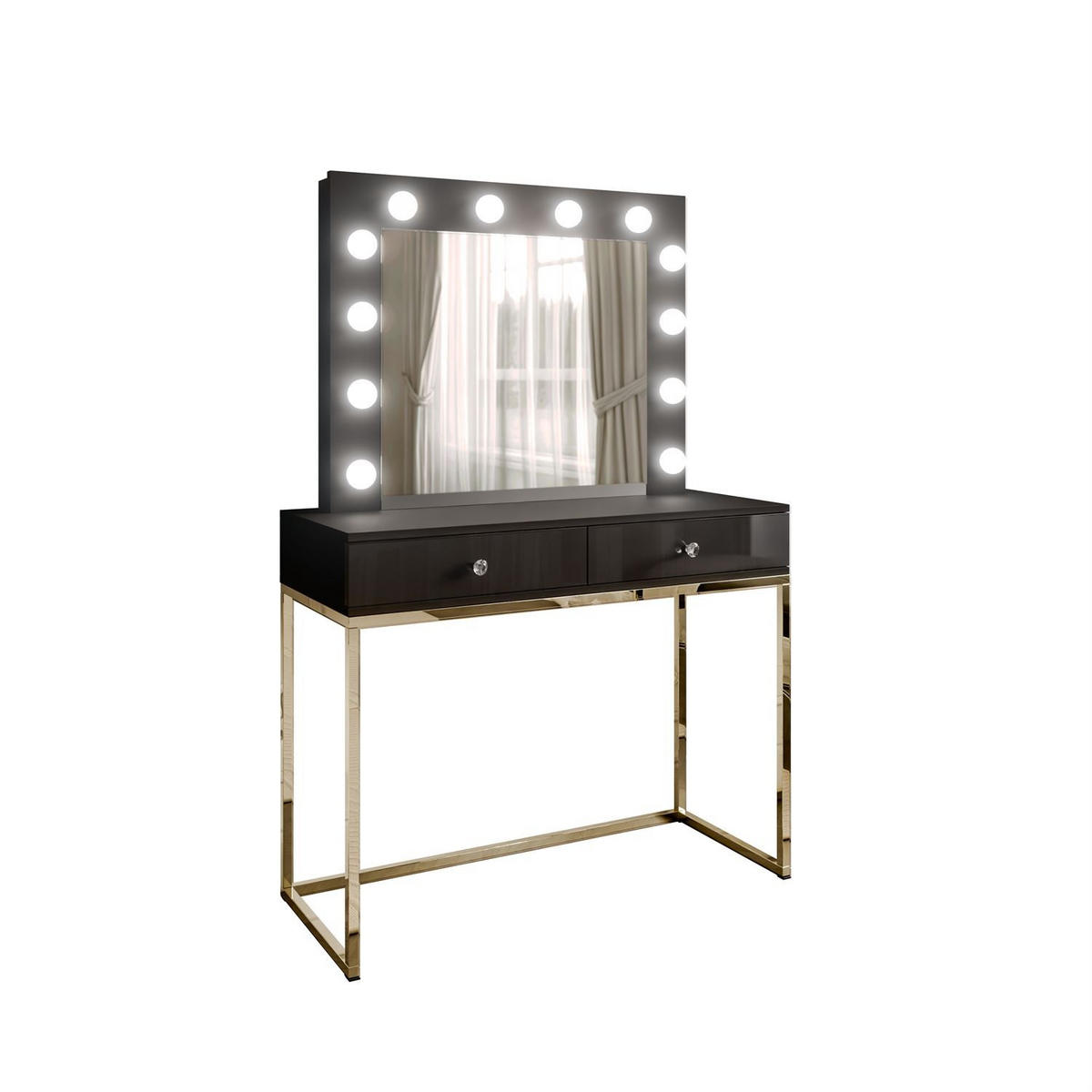 SCHMINKTISCH BLANCO mit Spiegel und Beleuchtung Gold Chrom Schwarz Hochglanz Kristallgriff - Schwarz Hochglanz/Goldfarben, Holzwerkstoff (100/146/42cm) - Lookway