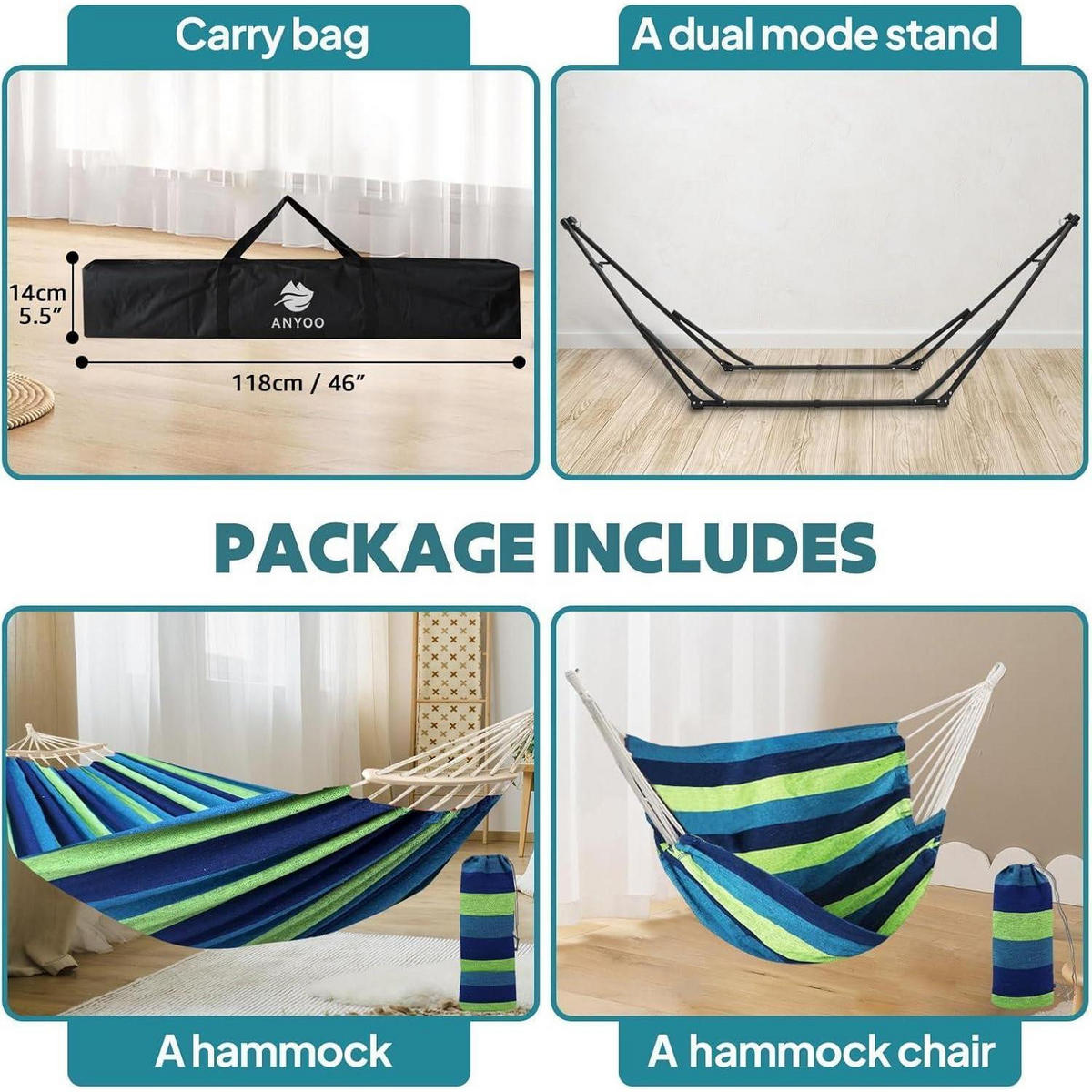 HÄNGEMATTEN- und Hängesessel-Set mit klappbarem Gestell, 2-in-1-Funktion, belastbar bis 200 kg, Schwarz/Grün - Multicolor, Metall (130/2.5/180cm)