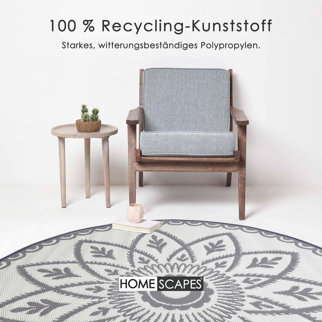 Thumbnail - Homescapes Outdoorteppich, Hellgrau, Kunststoff, Ethno, Rund, 180x180 cm, Global Recycled Standard (Grs), Teppiche & Böd...