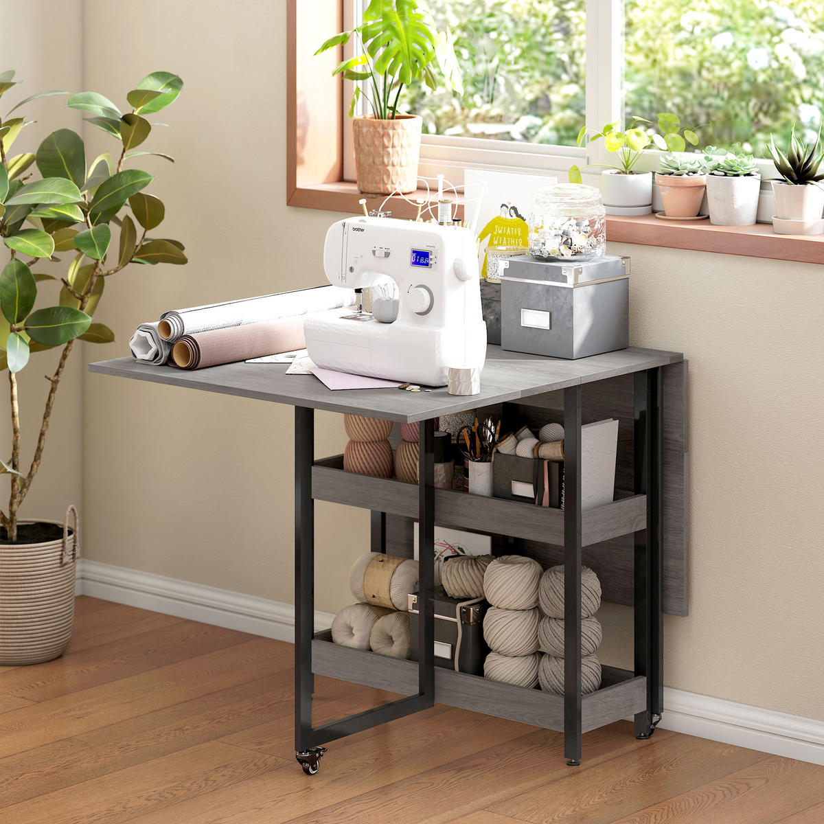 ESSTISCH Klappbar Küchentisch für 2-4 Personen mit 2 Offenen Ablagen, Rollen - Grau, Holz (133.4/80/75cm) - HOMCOM