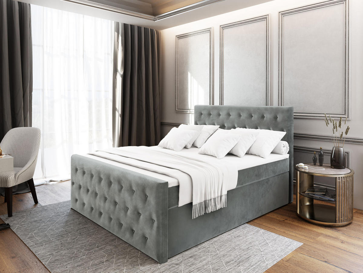 BOXBETT FONDI 180x200 cm mit Matratze und Topper - Hellgrau - Hellgrau, Holz (180/200cm) - MASSENO