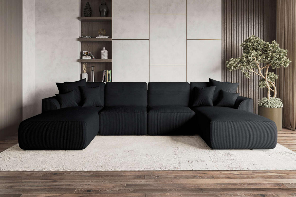 WOHNLANDSCHAFT GUSTO Cordstoff Schwarz inkl. Schlaffunktion - Chromfarben/Schwarz, Kunststoff/Textil (306/96/194cm) - 99rooms