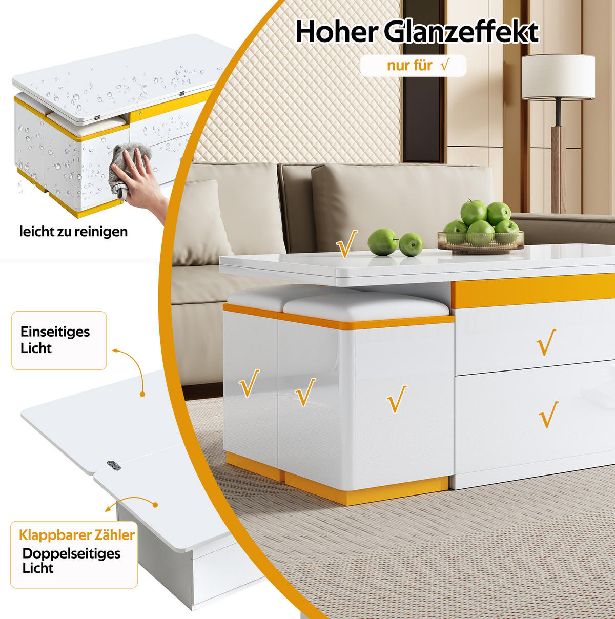 COUCHTISCH aus MDF und Spanplatte 100x50x43 cm Weiß/Gelb höhenverstellbar mit Klappfunktion und 4 Hockern - Weiß, Holzwerkstoff (100/50/43cm) - IVMEU