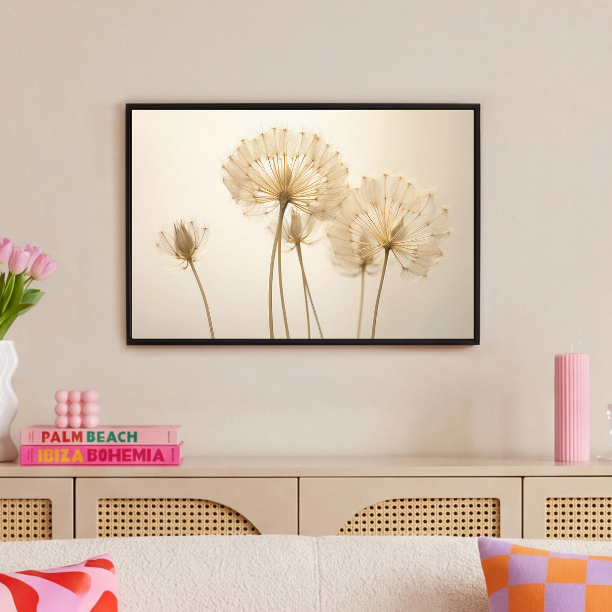 LEINWAND Bilder mit Rahmen - Sonnenlicht - Löwenzahn - Botanisch - Blumen - 60x40 - Creme, Textil (60/40cm) - MuchoWow