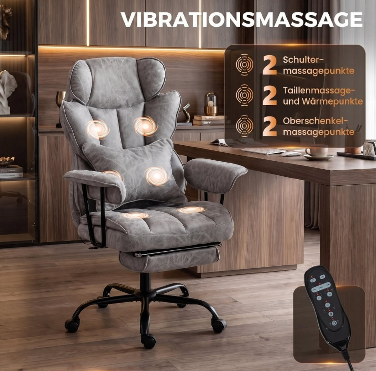 BÜROSTUHL in Grau 77x76x126 cm mit Massage, Wärmefunktion und ausziehbarer Fußstütze - Grau, Kunststoff (76/126/77cm) - IVMEU