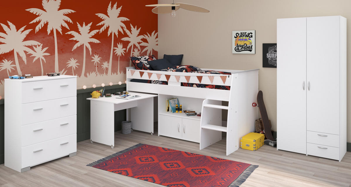 KINDERZIMMER weiß, Komplett-Set 3-teilig mit Stauraumbett, Kleiderschrank, Kommode - Silberfarben/Weiß, Holzwerkstoff/Kunststoff (115/185/204cm) - Parisot Meuble