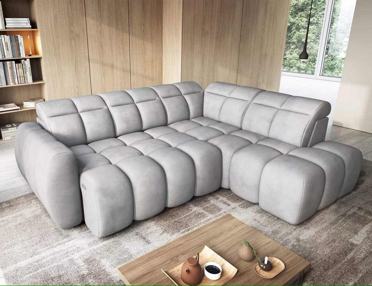 ECKSOFA mit elektrischem Sitzvorschub, Bettkasten und verstellbare Kopflehnen - Grau, Naturmaterialien/Textil (208/258cm) - Eltap