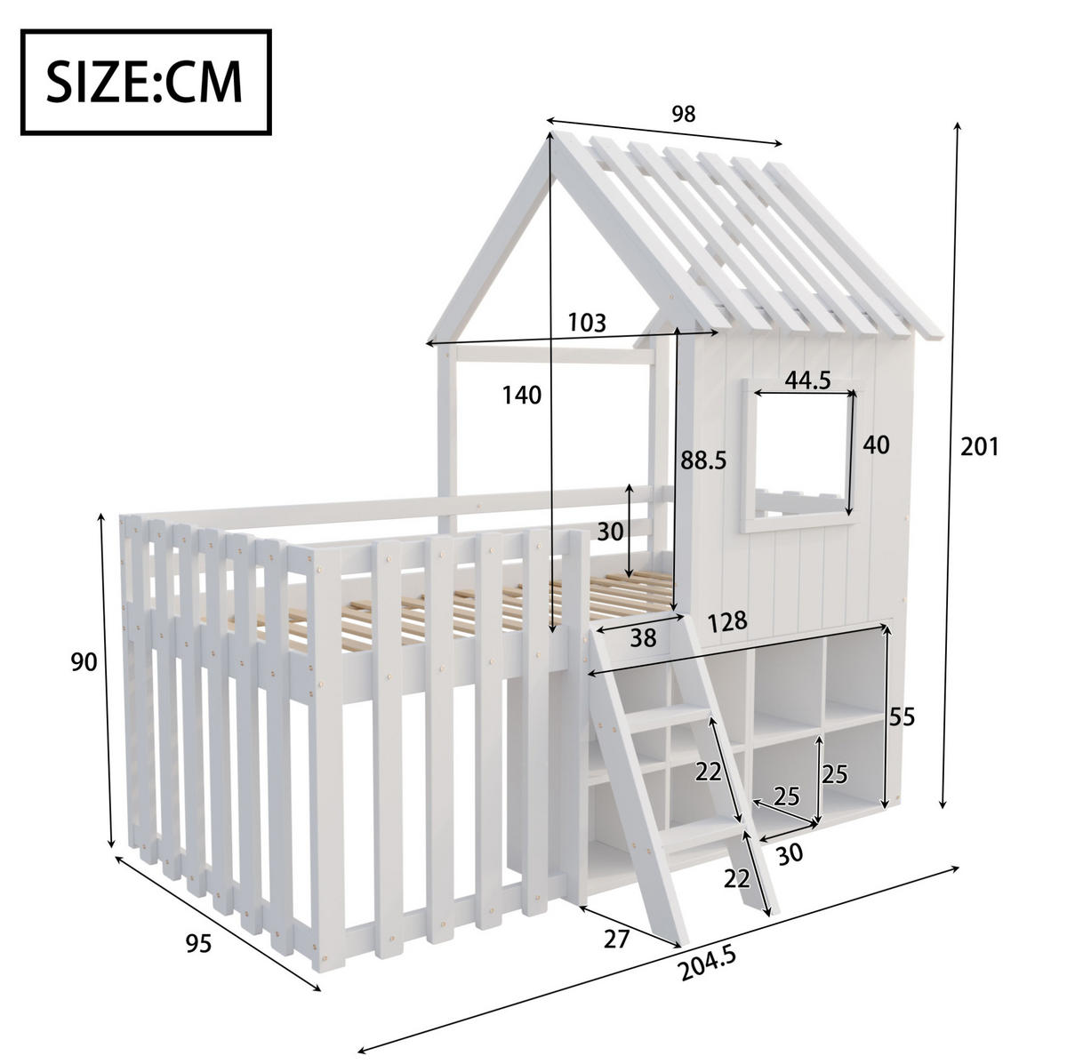 HAUSBETT 90/200 cm in Weiß aus Massivholz mit Hausdach und Stauraum - Weiß, Holz (90/200cm) - OKMYHOME