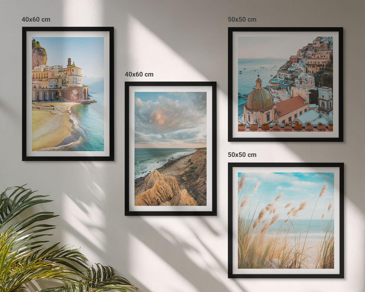 BILDER SET 4er Set - 50x50 cm & 40x60 cm Schwarzer Rahmen - Landschaften Strand Stadt Klippen - Schwarz, Kunststoff (50/50cm) - TULUP