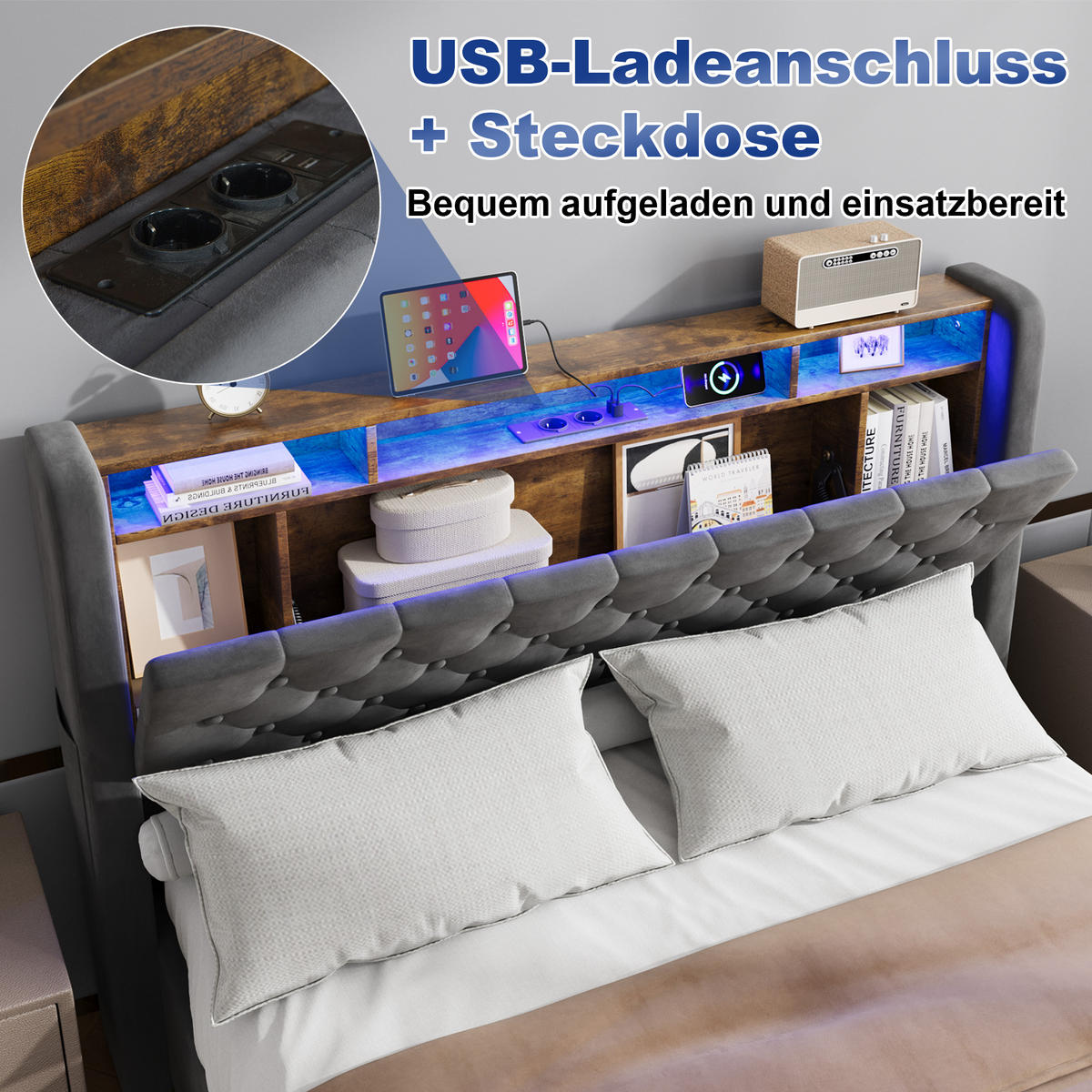 POLSTERBETT 140/200 cm mit hydraulischem Bettkasten, Schubladen, Klappbares Kopfteil, LED-Beleuchtung, Grau - Grau, Textil (140/200cm) - Redom