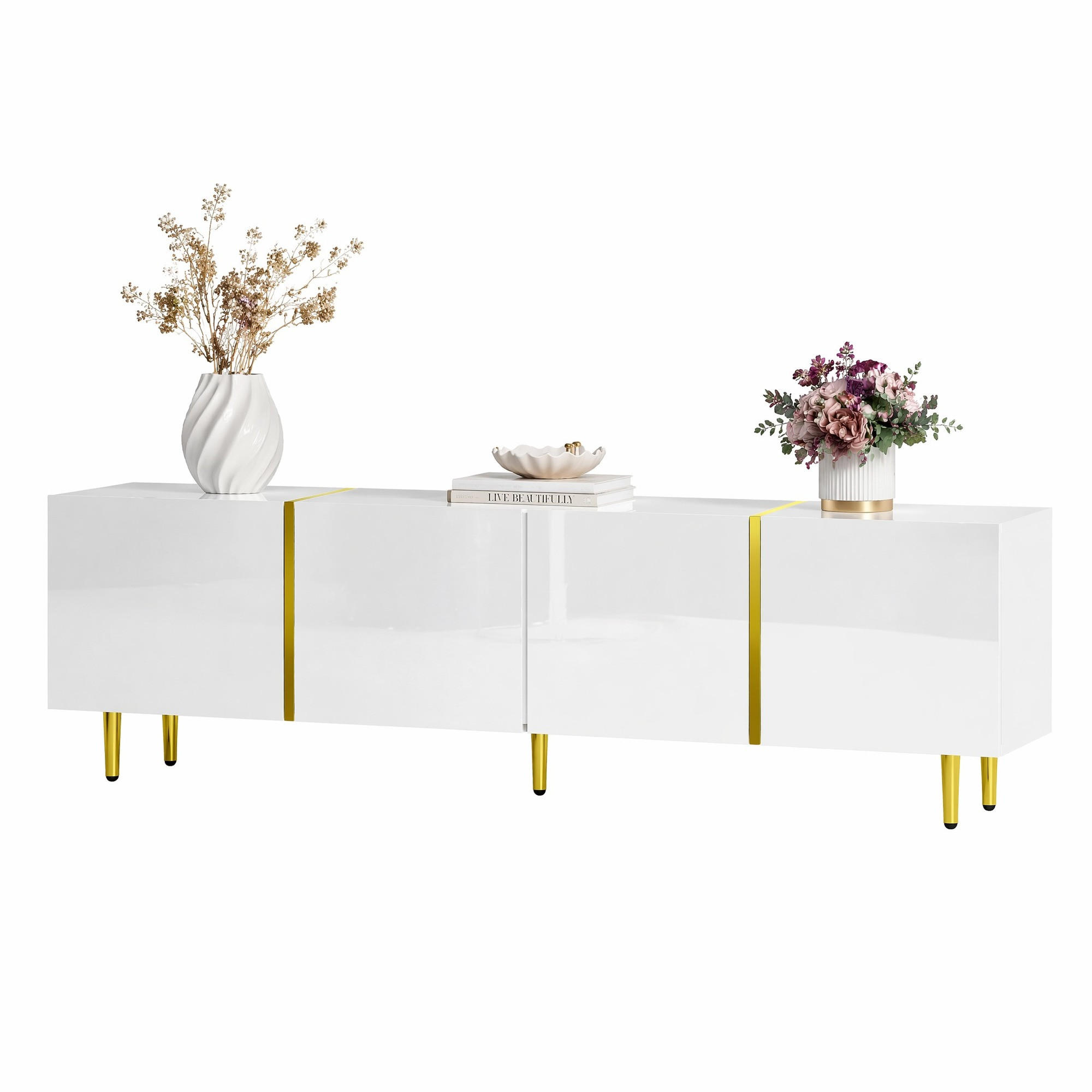 LOWBOARD in Weiß und Gold Hochglanz-TV-Schrank mit 4 Türen für Wohnzimmer, B170/T35/H46 cm - Goldfarben/Weiß, Holzwerkstoff/Metall (170/46/35cm) - STILVORA