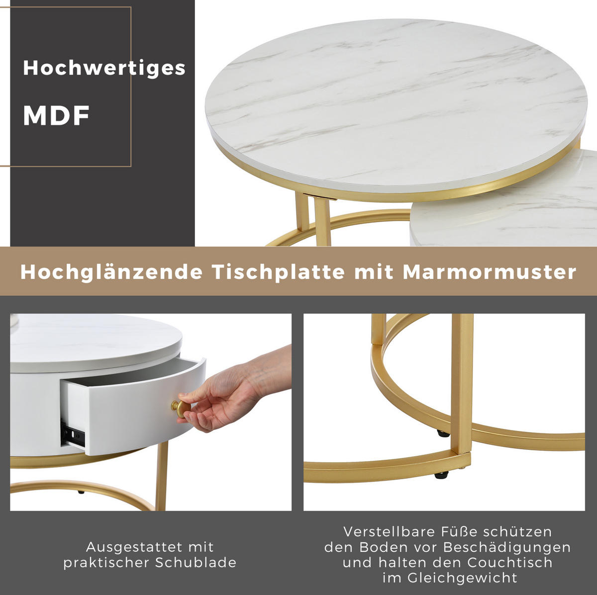 COUCHTISCH-SET aus MDF 70/70/48 und 50/50/43,5 cm, 2-teiliges Nesting-Design mit Hochglanz-Marmoreffekt, Weiß - Weiß, Holzwerkstoff (70/70/48cm) - Redom