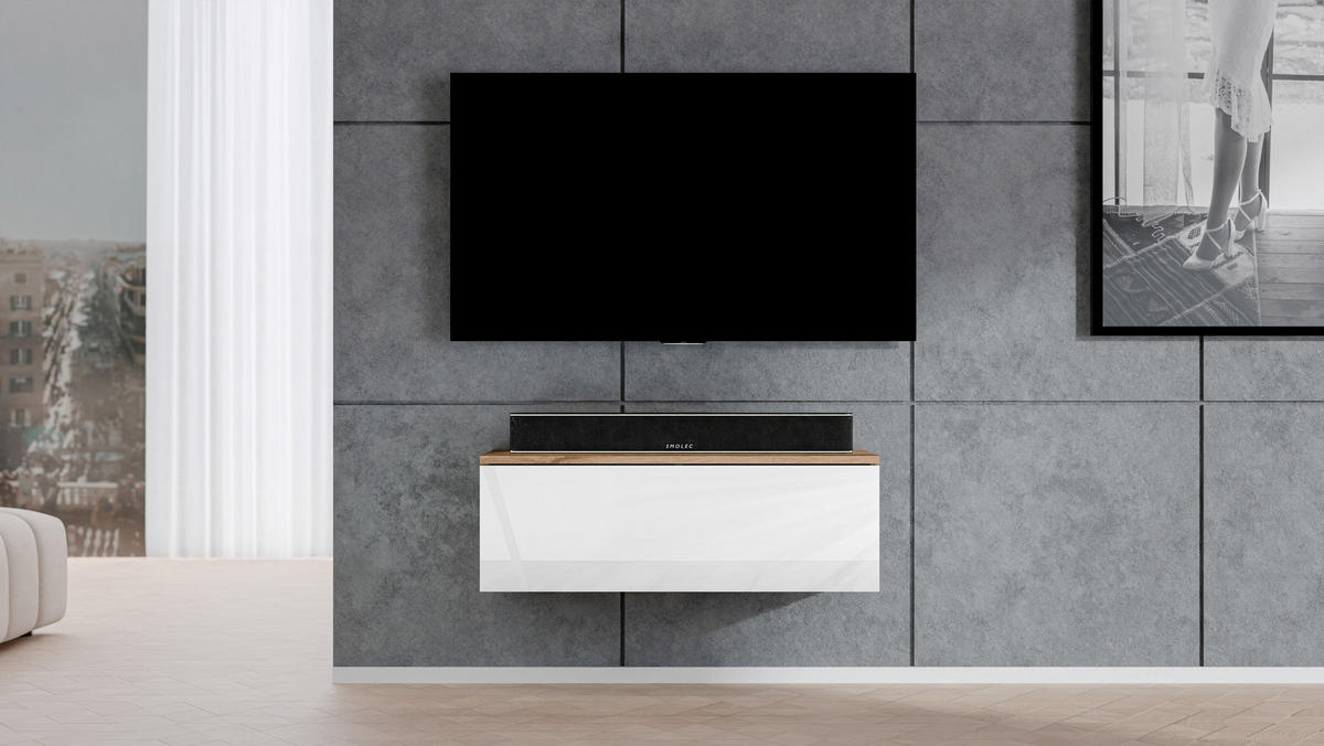 LOWBOARD Loriano 100 Eiche Wotan, Weiß Hochglanz 100/34/32 cm – TV Board - Braun/Weiß, Holzwerkstoff/Kunststoff (100/34/32cm) - AX Living