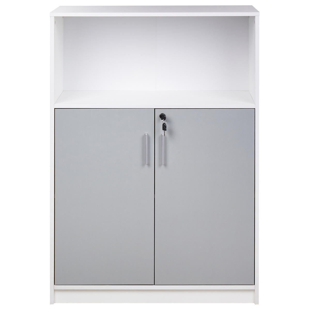 AKTENSCHRANK hellgrau/weiß 117 cm 2 Türen offenes Ablagefach Zehna - Weiß/Grau, Holzwerkstoff (80/117/40cm) - Beliani