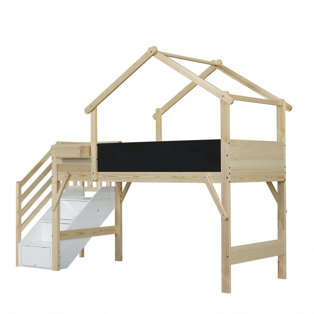 ETAGENBETT 90/200 cm mit Kreidetafel, Stauraumtreppe und Dachrahmen aus Holz, Weiß/Natur - Weiß, Holzwerkstoff (90/200cm) - Redom