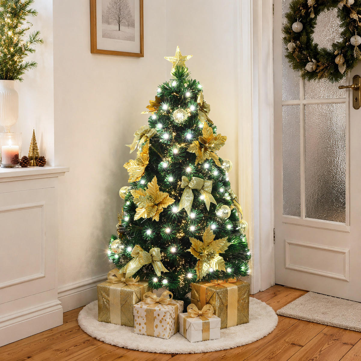 GLASFASER Weihnachtsbaum 120 cm mit 139 LEDs & Golddeko - Grün, Kunststoff (120cm) - Hometopia