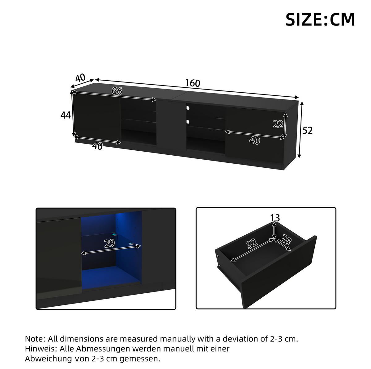 LOWBOARD 160/40/52 cm aus MDF mit Hochglanzfront und LED-Beleuchtung Schwarz - Schwarz, Holzwerkstoff (160/52/40cm) - Modenvie