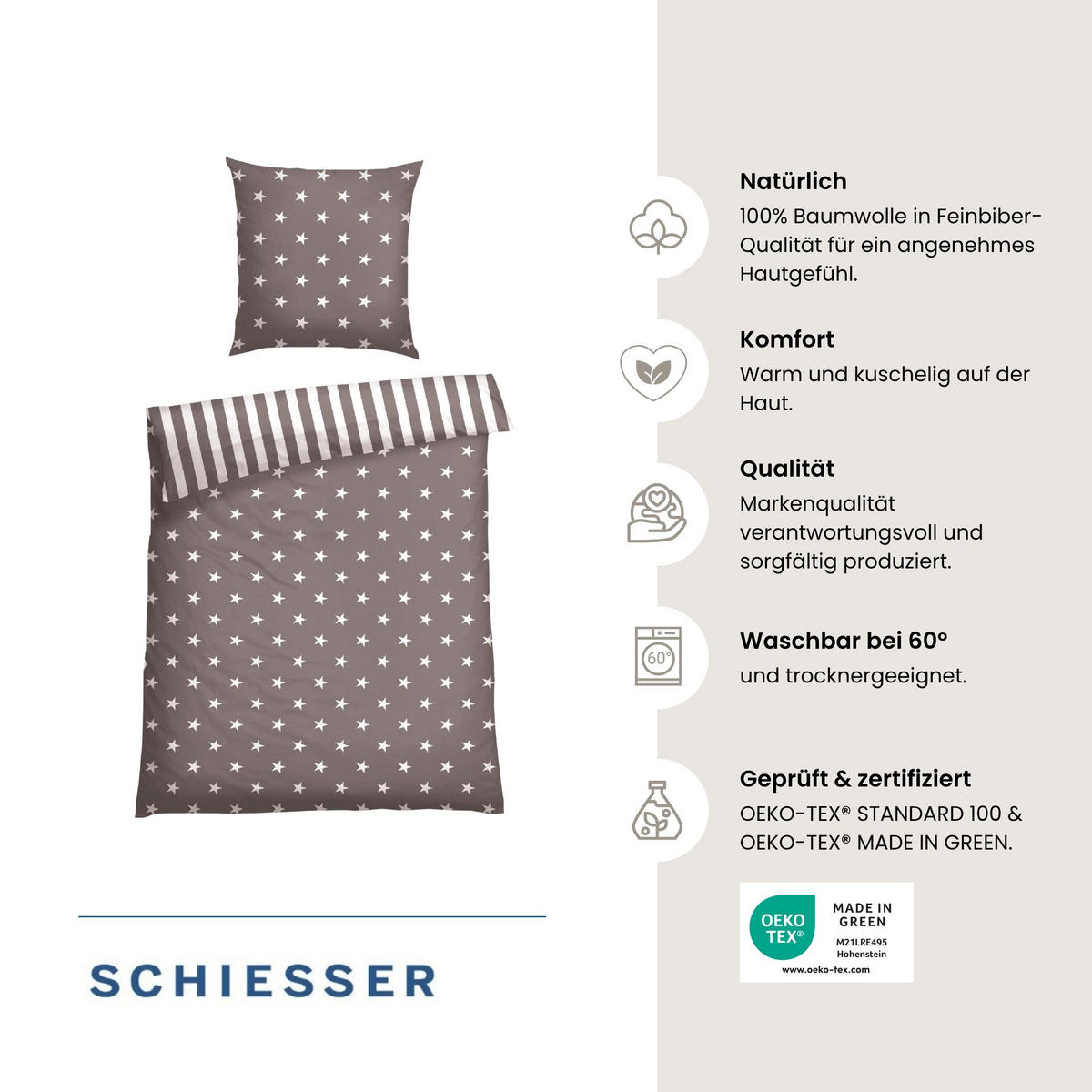 BETTWÄSCHESET Sterne Feinbiber 2-teilig 135x200 cm Taupe - Taupe, Textil (135/200cm) - SCHIESSER