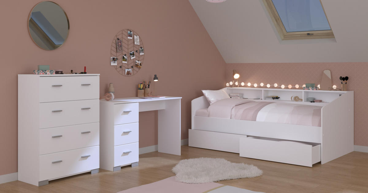 KINDERZIMMER Set 3-tlg. mit Schreibtisch Kommode Bett 90x200 cm - Silberfarben/Weiß, Holzwerkstoff/Kunststoff (120/107/82cm) - Parisot Meuble