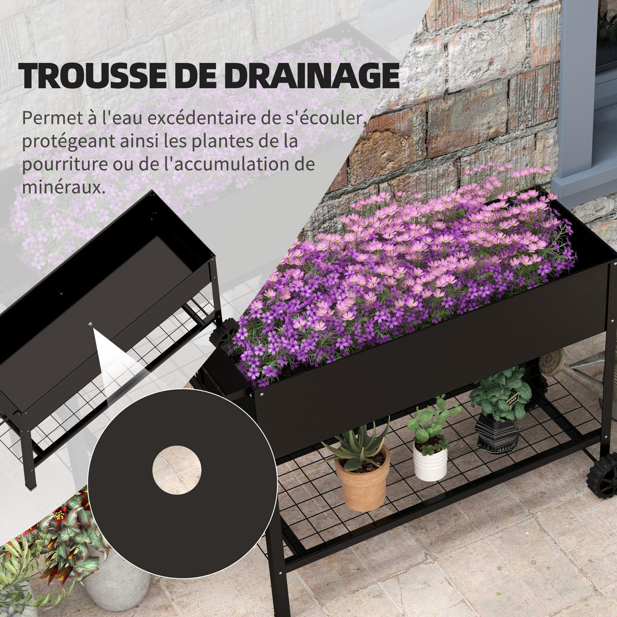 HOCHBEET DE-16033 mit Etagere und Rollen Schwarz - Schwarz, Metall (109/80/44cm) - ComfortXL
