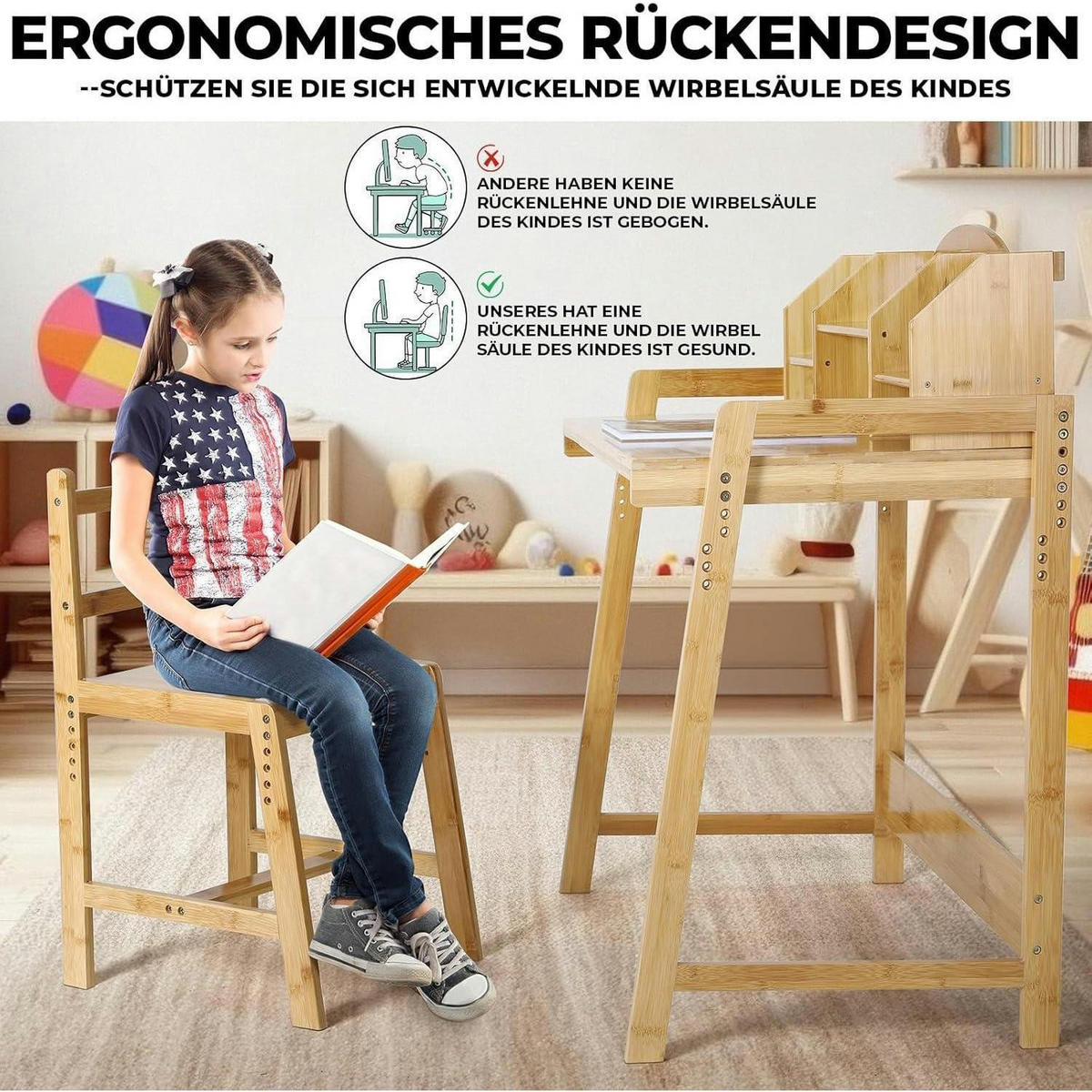 KINDERSCHREIBTISCH-SET Bambus höhenverstellbar mit Stuhl und Stauraum - Hellbraun, Naturmaterialien (80/95/50cm)