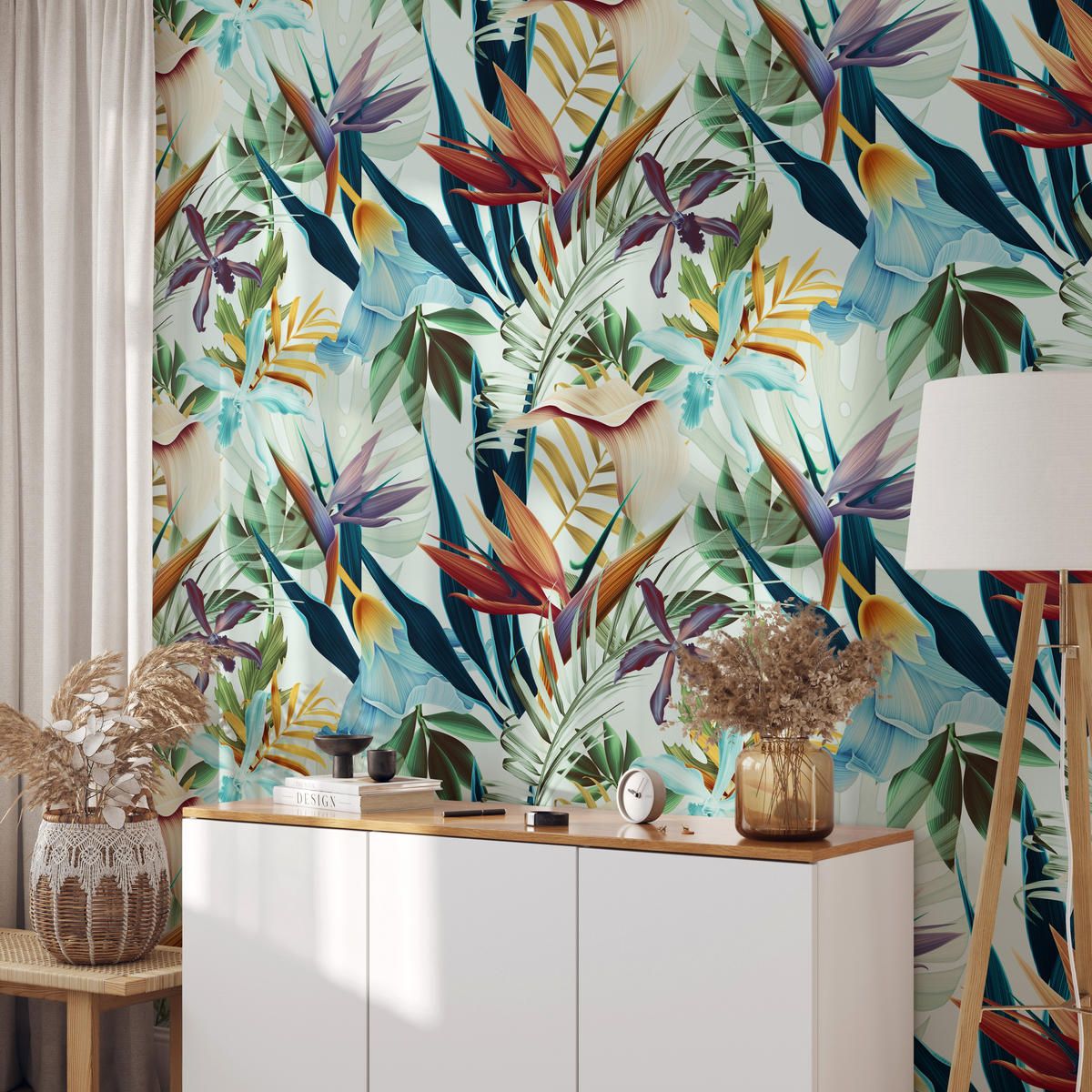 TAPETE Tropisch aus echtem Papier, 200x280cm, 8 Bögen - Blau, Papier (200/280cm) - WALLPAPERS4BEGINNERS