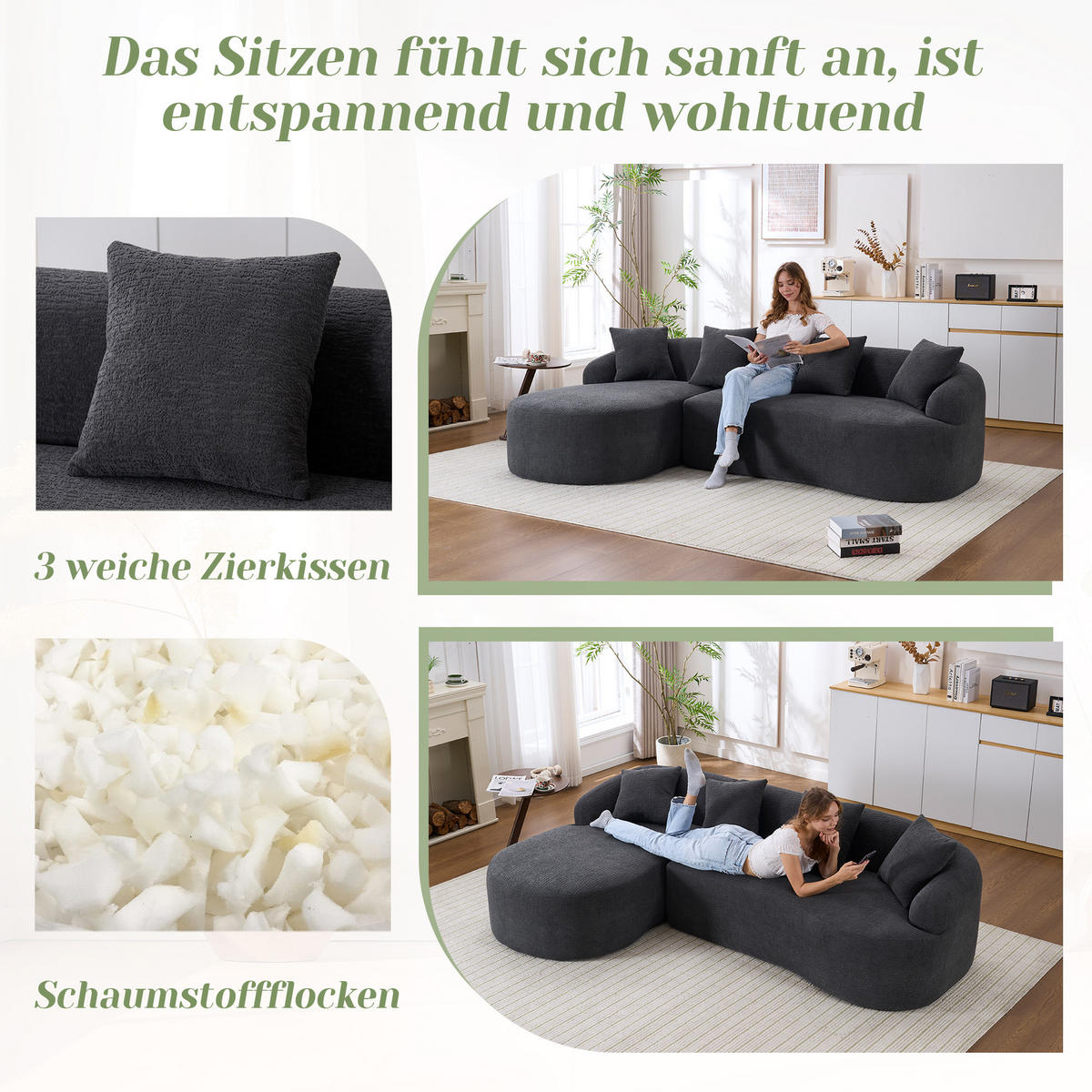 ECKSOFA Chenille Dunkelgrau werkzeugfreie Montage - Dunkelgrau, Textil (243/150cm) - WISHDOR