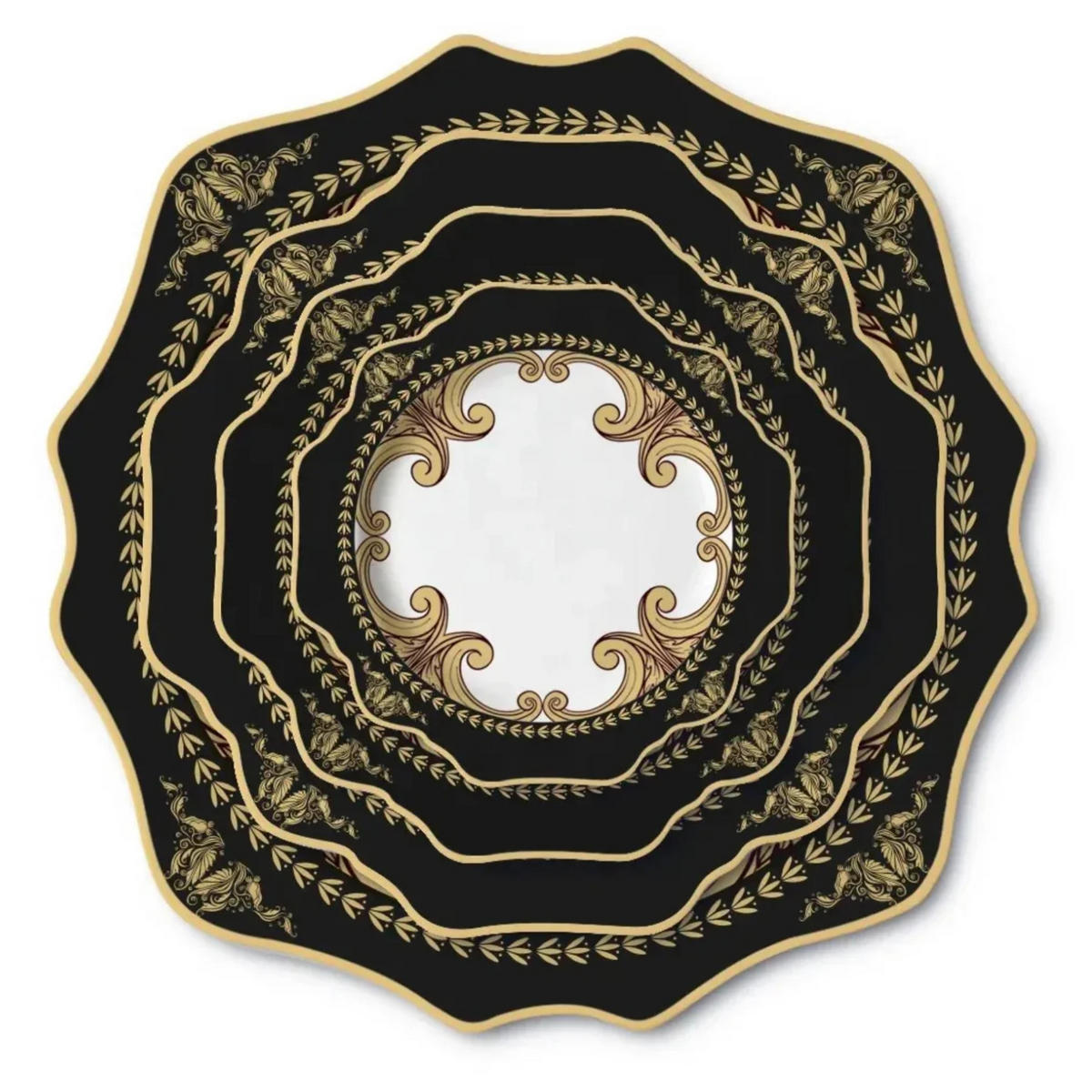 TELLERSET Schwarz Gold Sunflower Bone China Schwarz Gold 4tlg Ø30 Ø27 Ø20 Ø16 cm - Schwarz Hochglanz/Goldfarben, Keramik (30/2/2cm) - Quality Elegance