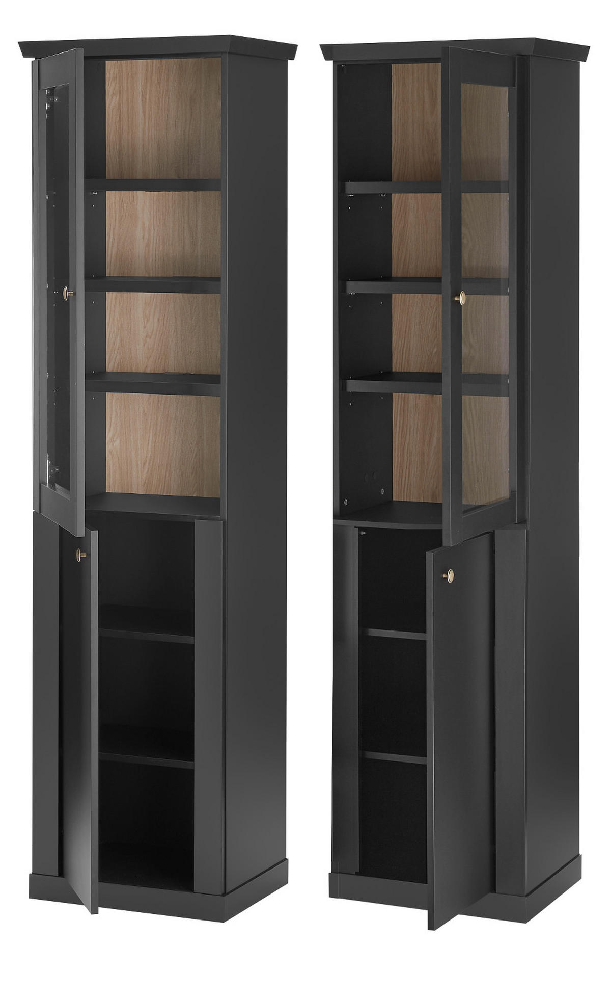 VITRINE schwarz matt, Eiche 55 cm, Vitrinenschrak Landhaus mit Soft-Close - Eichefarben/Messingfarben, Glas/Holzwerkstoff (55/200/39cm) - Furn.Design