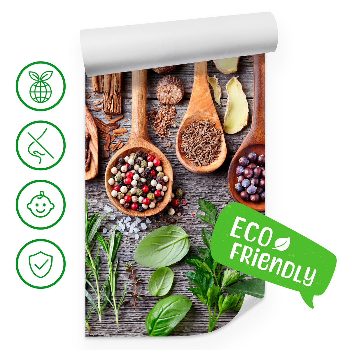 FOTOTAPETE für Küche Kräuter Gewürze Holzlöffel Tisch 200x140 - Gelb/Beige, Papier (200/140cm) - Muralo