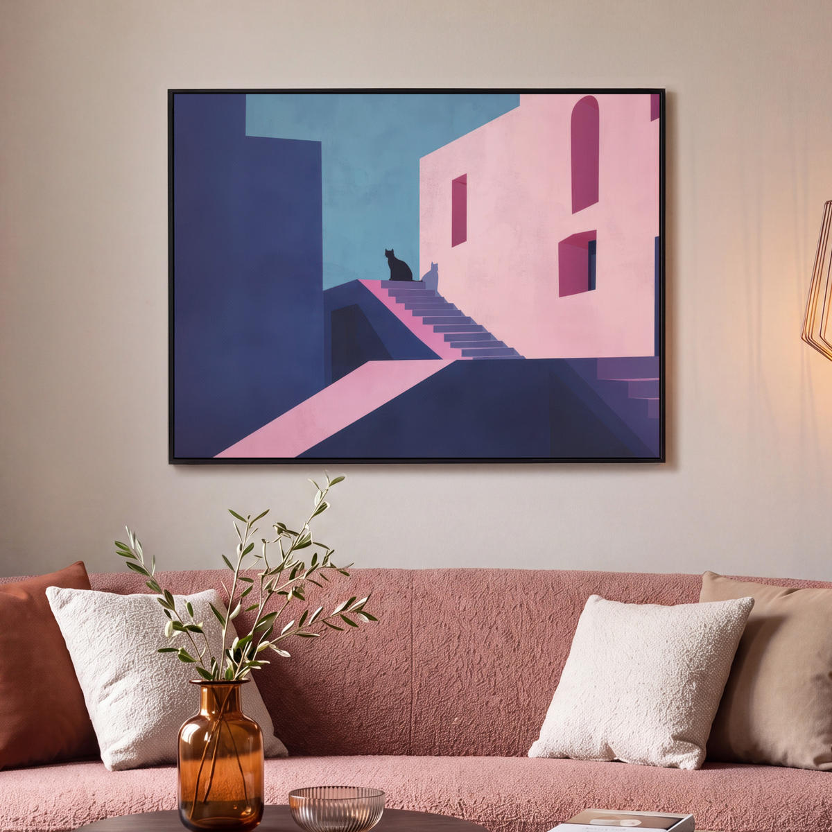 LEINWAND Bilder mit Rahmen - Katze - Treppe - Gebäude - Schattenkontraste - 100x70 - Dunkelblau, Textil (100/70cm) - MuchoWow