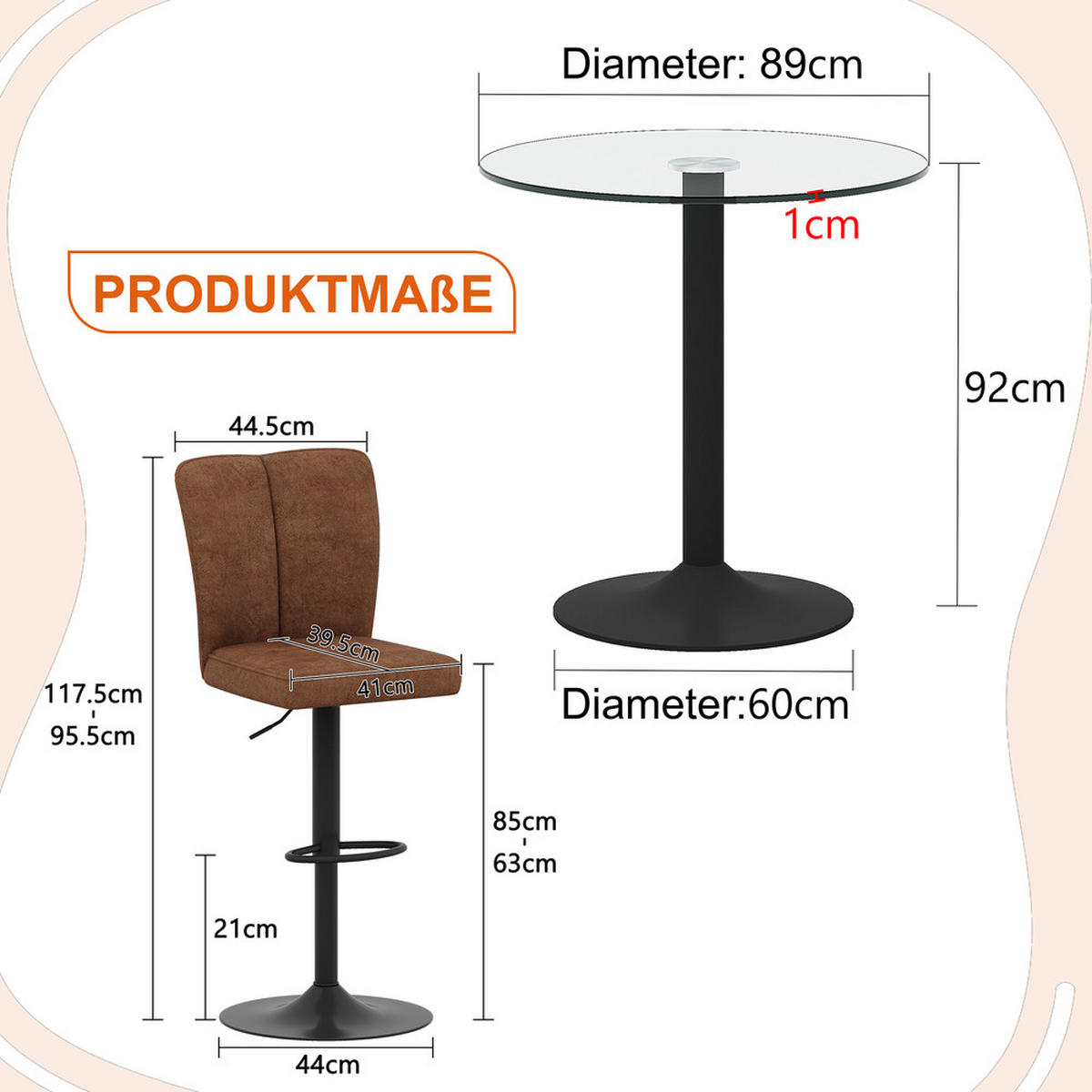 TISCHGRUPPE 3-tlg Glastisch 89 cm & 2 drehbaren Barhockern Braun - Braun, Glas/Metall (93.5/5.5/93.5cm) - Raelunyi