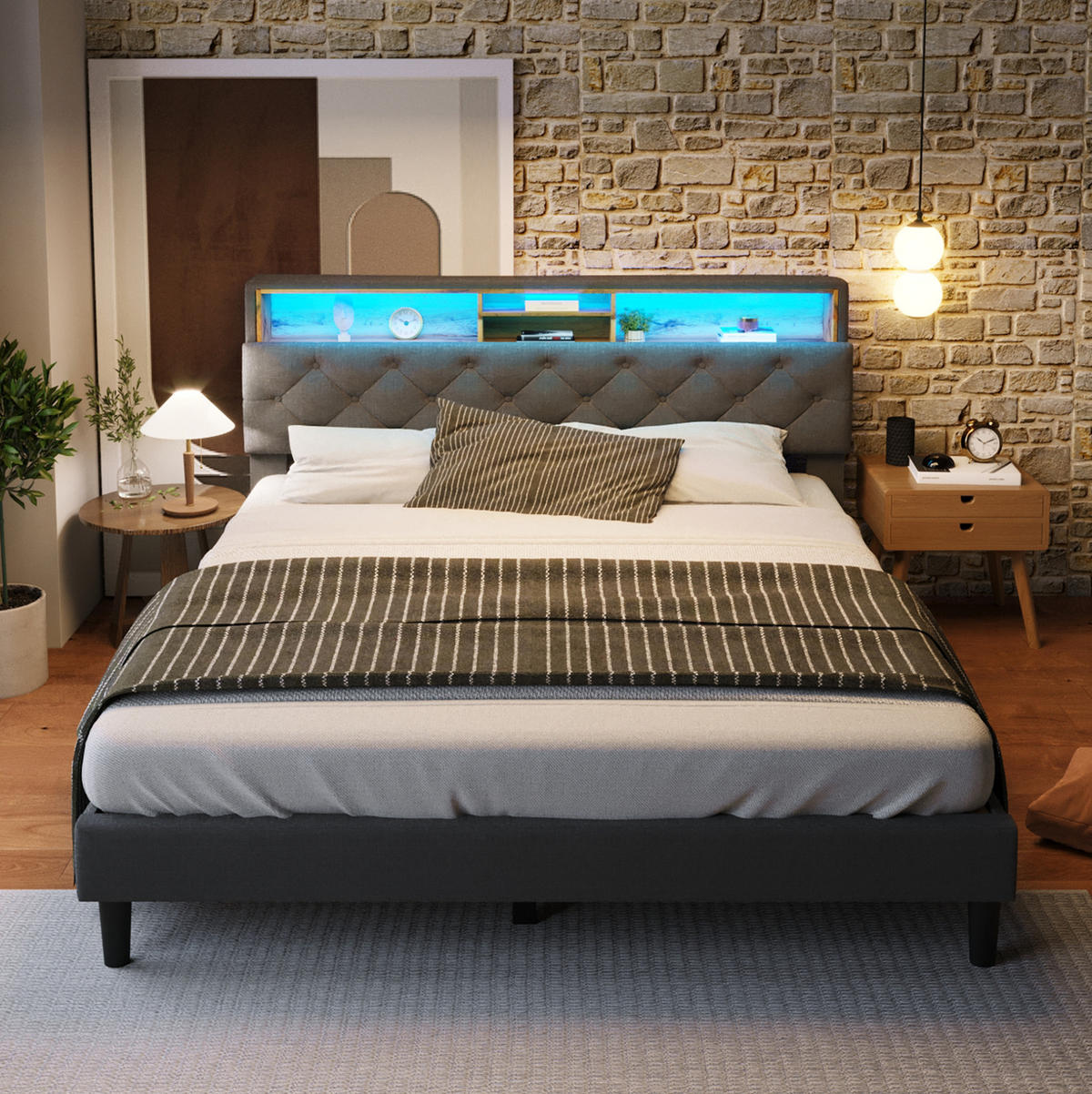 ČALOUNĚNÁ postel s úložným čelem 140/200 cm šedá, masivní dřevo, LED osvětlení - šedá, dřevo (140/200cm) - BEAOK