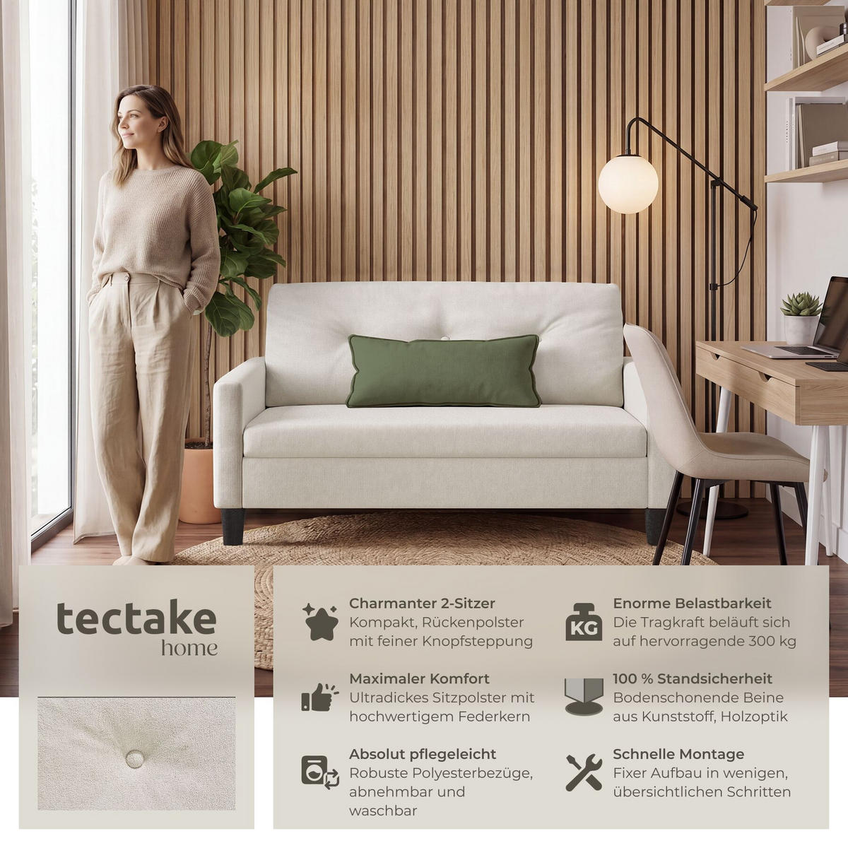 SOFA Viborg, 121,5 x 77 x 91 cm, creme - Creme/Braun, Kunststoff/Textil (121.5/91/77cm) - tectake