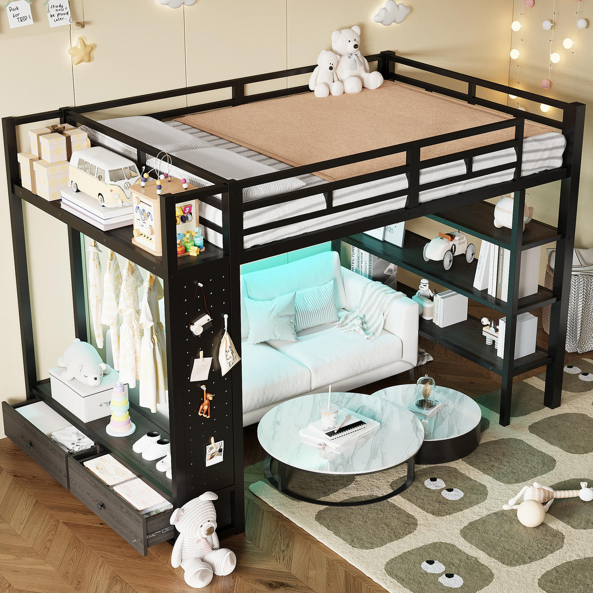 HOCHBETT 140/200 cm mit offenem Kleiderschrank, Regalen, Lochwand und LED-Beleuchtung, Schwarz - Schwarz, Holzwerkstoff (140/200cm) - Redom