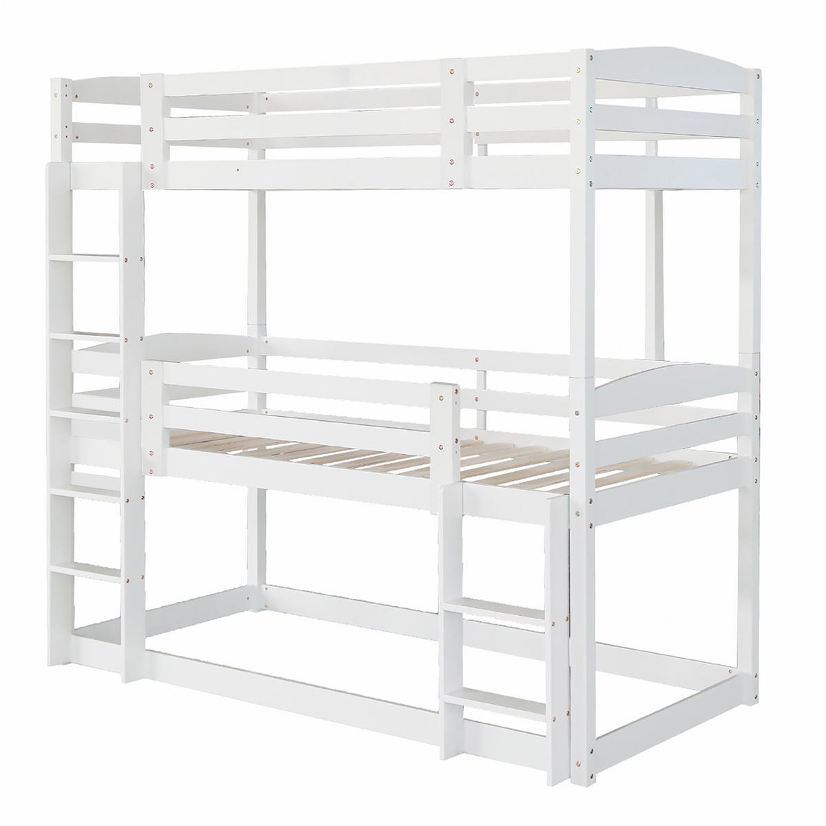 ETAGENBETT 90/200 cm aus Holz, 3 Schlafplätze, teilbar, mit 2 Leitern und Absturzsicherung, Weiß - Weiß, Holz (90/200cm) - Redom