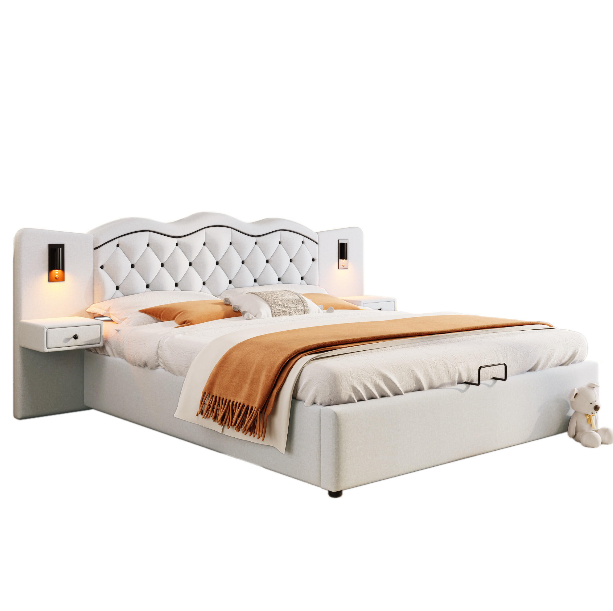 POLSTERBETT 180/200 cm mit USB-Anschluss, Beleuchtung und hydraulischem Bettkasten aus Leinenimitat/MDF, Beige - Beige, Textil (180/200cm) - Redom