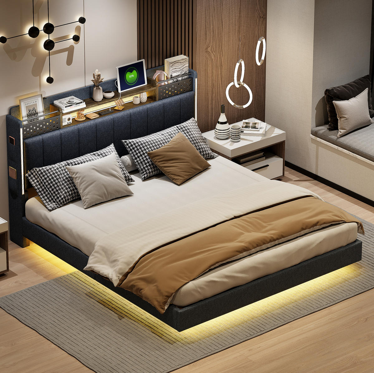 POLSTERBETT mit LED-Beleuchtung 160/200 cm mit Stauraum im Kopfteil, Grau - Grau, Textil (160/200cm) - BEAOK