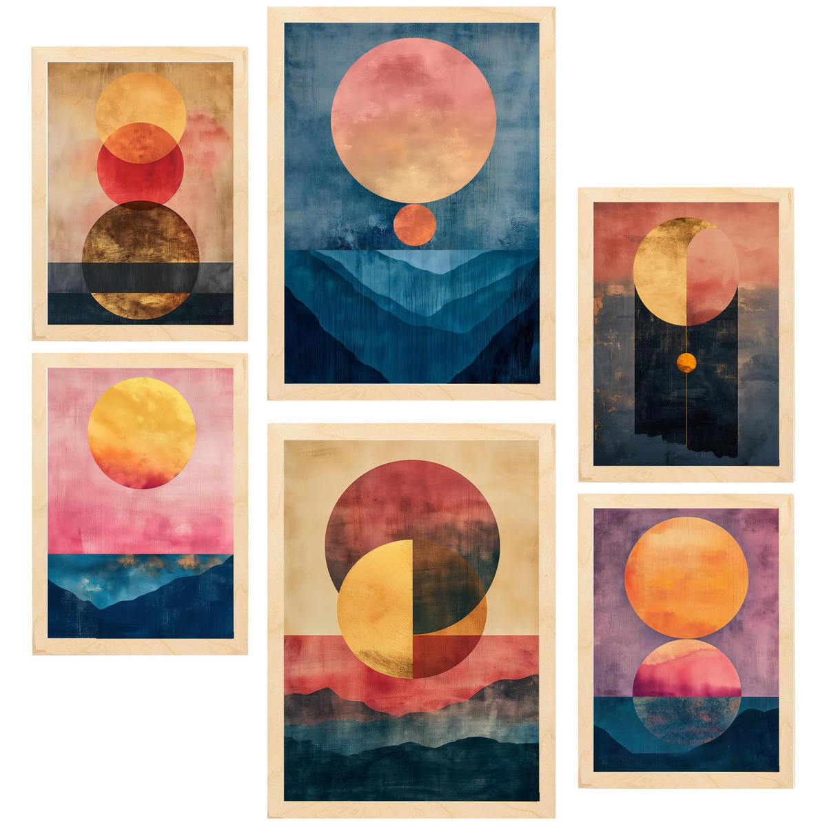 POSTER Set Mit 6 Abstrakte Goldmonde A3 & A4 Rahmen Aus Hellem Holz - Beige, Papier (29/3cm) - Nacnic