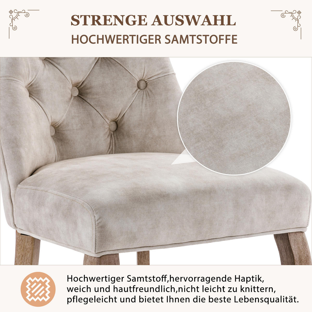 ESSZIMMERSTUHL 2er-Set mit Samtbezug, diamantförmigen Knopfdetails, ergonomischer Rückenlehne und massiven Gummiholzbeinen, hellbeige - Beige, Textil (51/97/47cm) - Luhomfu
