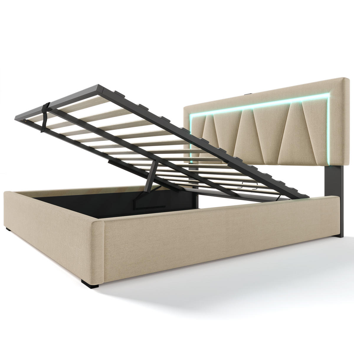 POLSTERBETT 160/200 cm beige mit USB- und Type-C-Anschlüssen und LED-Beleuchtung - Beige, Textil (160/200cm) - OKWISH