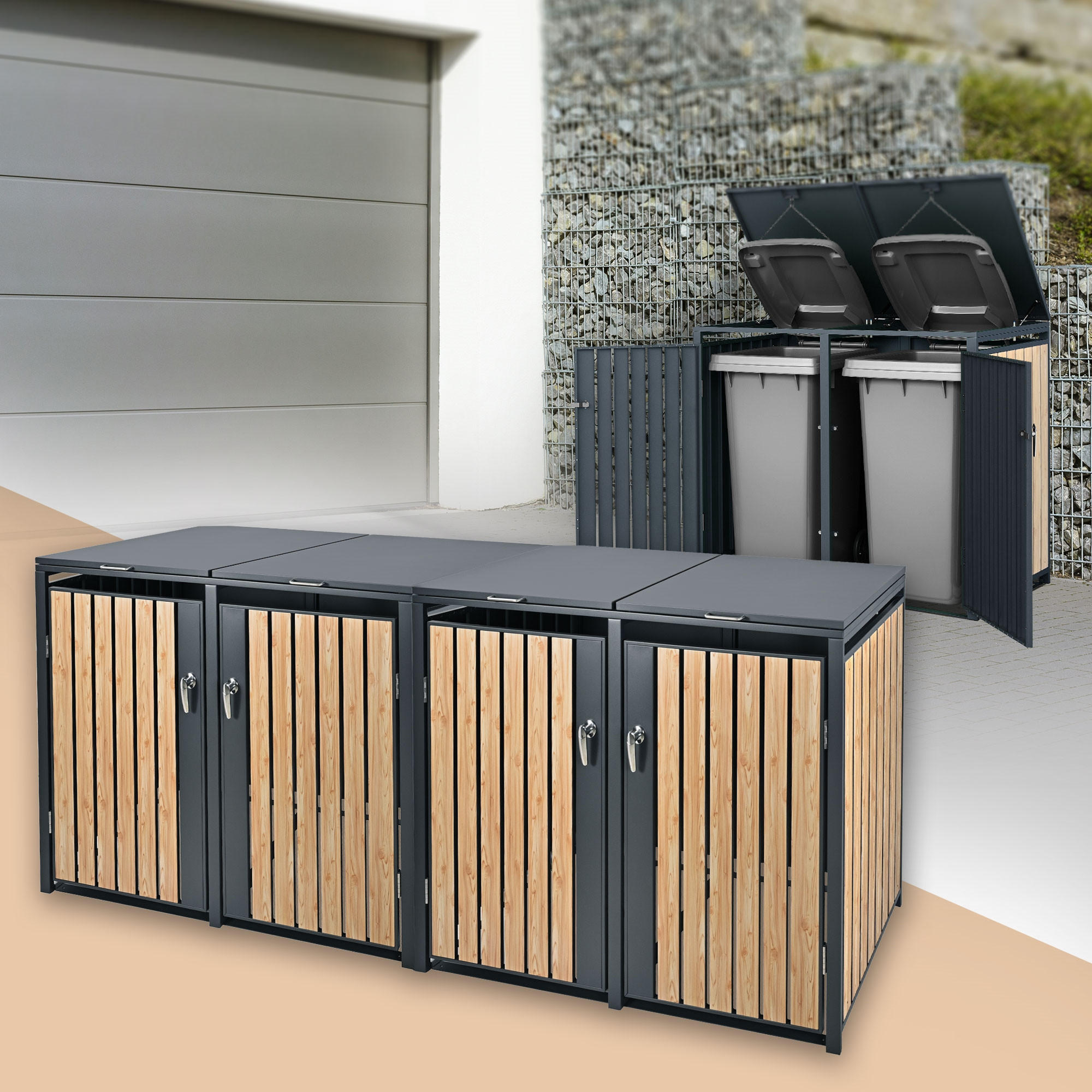 MÜLLTONNENBOX 4er Anthrazit-Lärchenoptik - Naturfarben, Metall (80/116.3/264cm) - ML-DESIGN