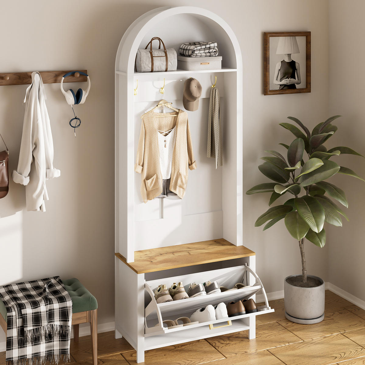 GARDEROBE-SET in Weiß Garderobenschrank mit Schuhregal und Hake für Eingangsbereich und Flur, B75/T35/H195 cm - Weiß/Naturfarben, Holzwerkstoff/Metall (75/195/35cm) - STILVORA