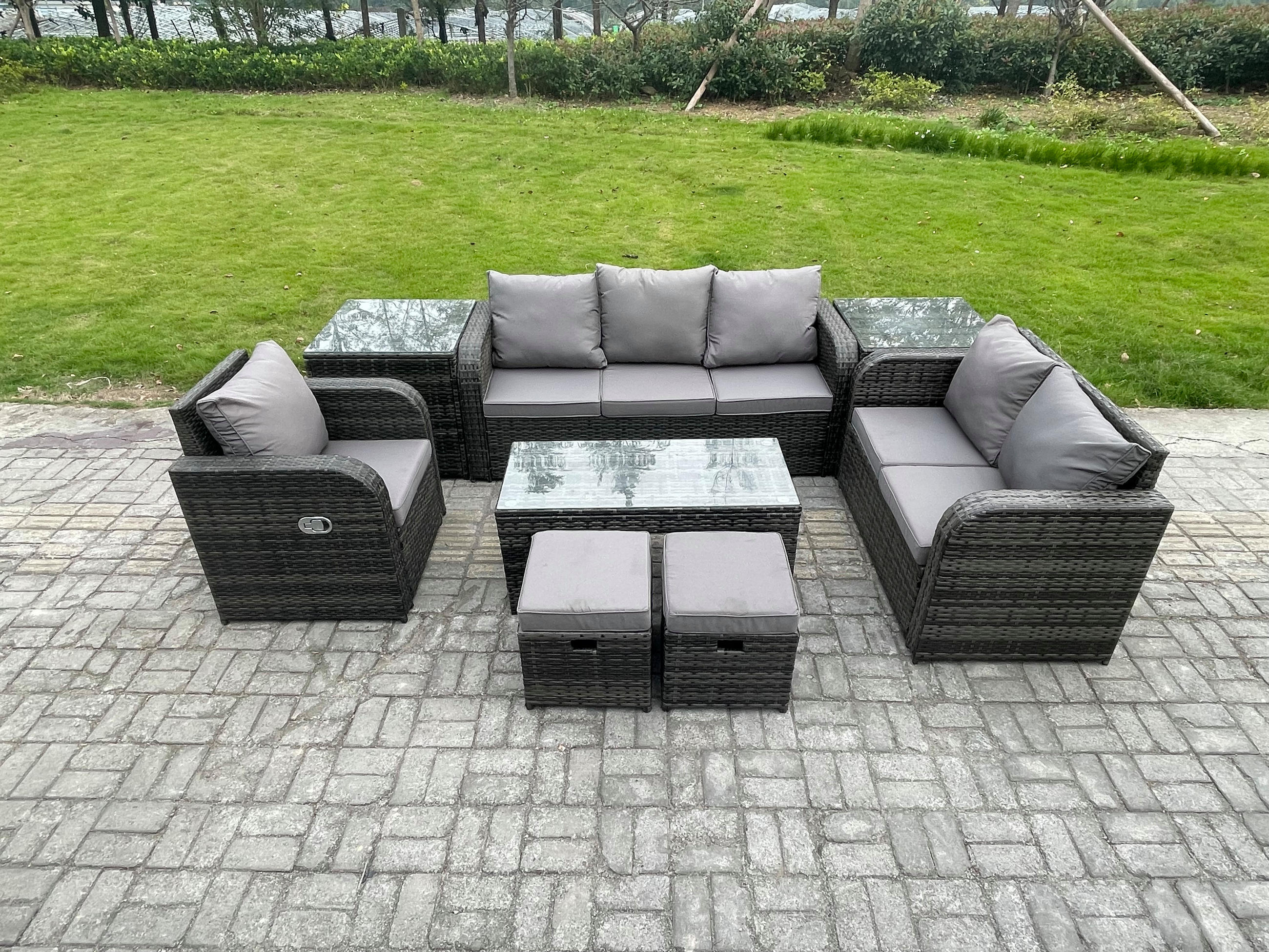 GARTENSOFA SET mit rechteckigem COUCHTISCH Polyrattan 8-Sitzer Dunkelgrau - Dunkelgrau/Grau, Glas/Kunststoff - Fimous