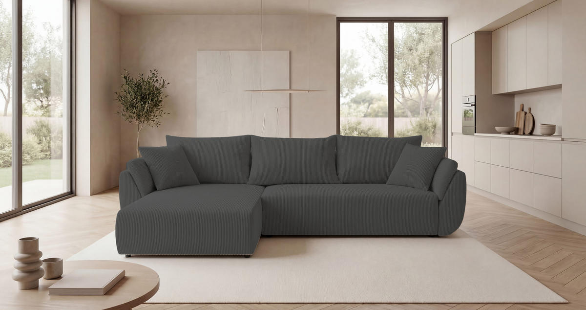ECKSOFA SYDNEY links dunkelgrau Cord Poso 60 - Schlaffunktion, Bettkasten - Anthrazit, Textil (280/174cm) - Cornero