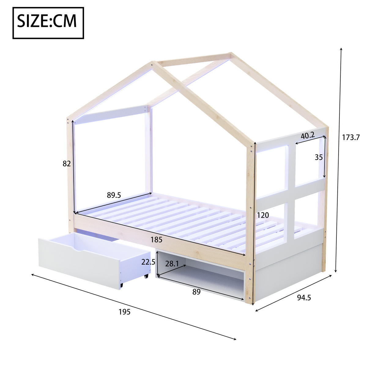 HAUSBETT 90/190 cm DE-01554, in Holzfarbe, mit Schubladen, Schuhschrank und LED-Beleuchtung - Naturfarben, Holzwerkstoff (90/190cm) - ComfortXL