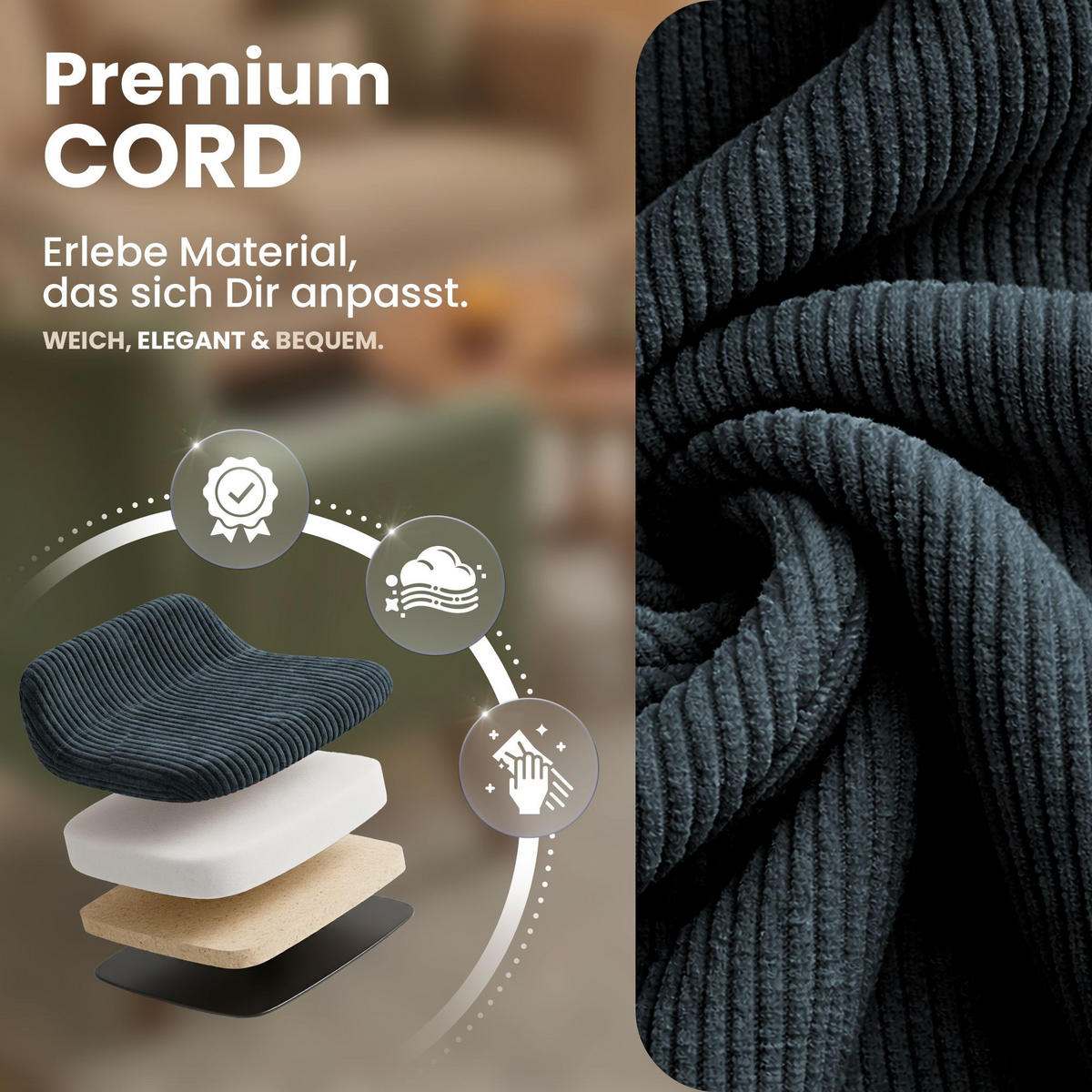 STUHL 4 Cord Blau - Blau/Schwarz, Textil/Metall (45/84/55cm) - CLP