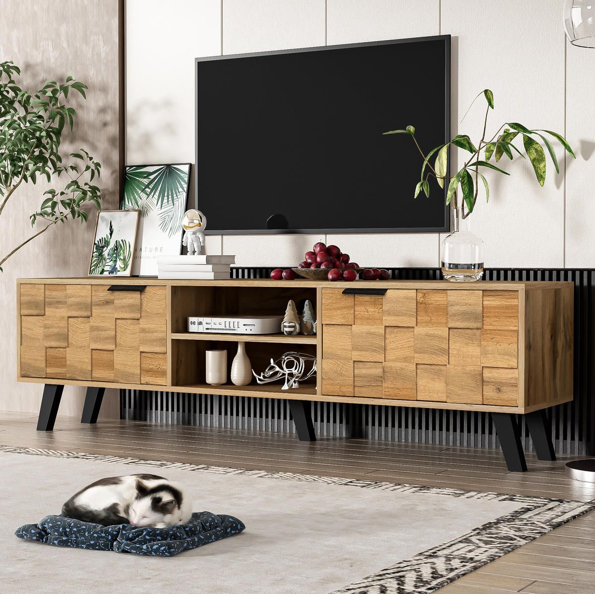TV-SCHRANK 160,5/35,5/45 cm Holzoptik mit 2 Türen und 2 offenen Fächern - Naturfarben, Holzwerkstoff (160.5/45/35.5cm) - OKWISH